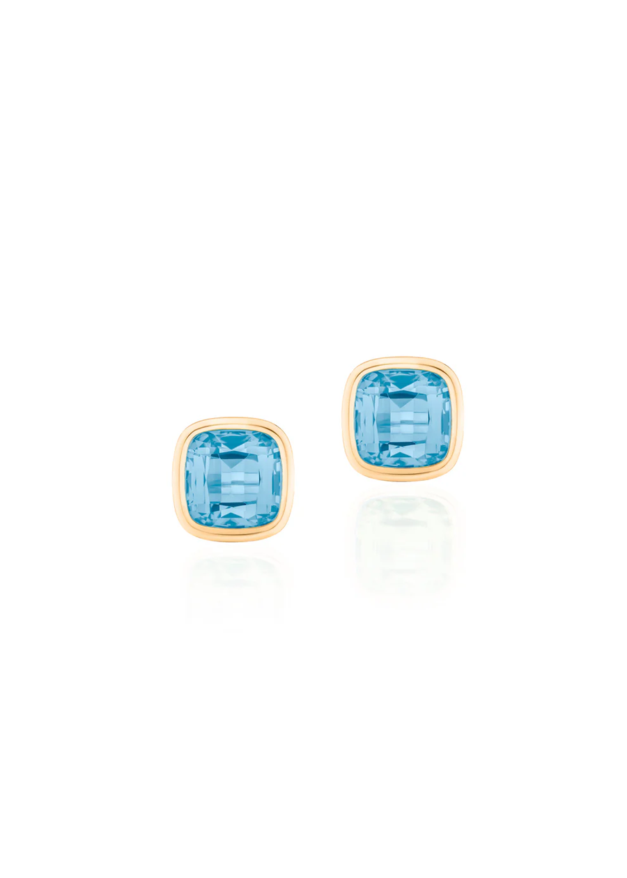 Manhattan 3.75ct Cushion Cut Blue Topaz Bezel Set Studs Earrings in 18K Yellow Gold