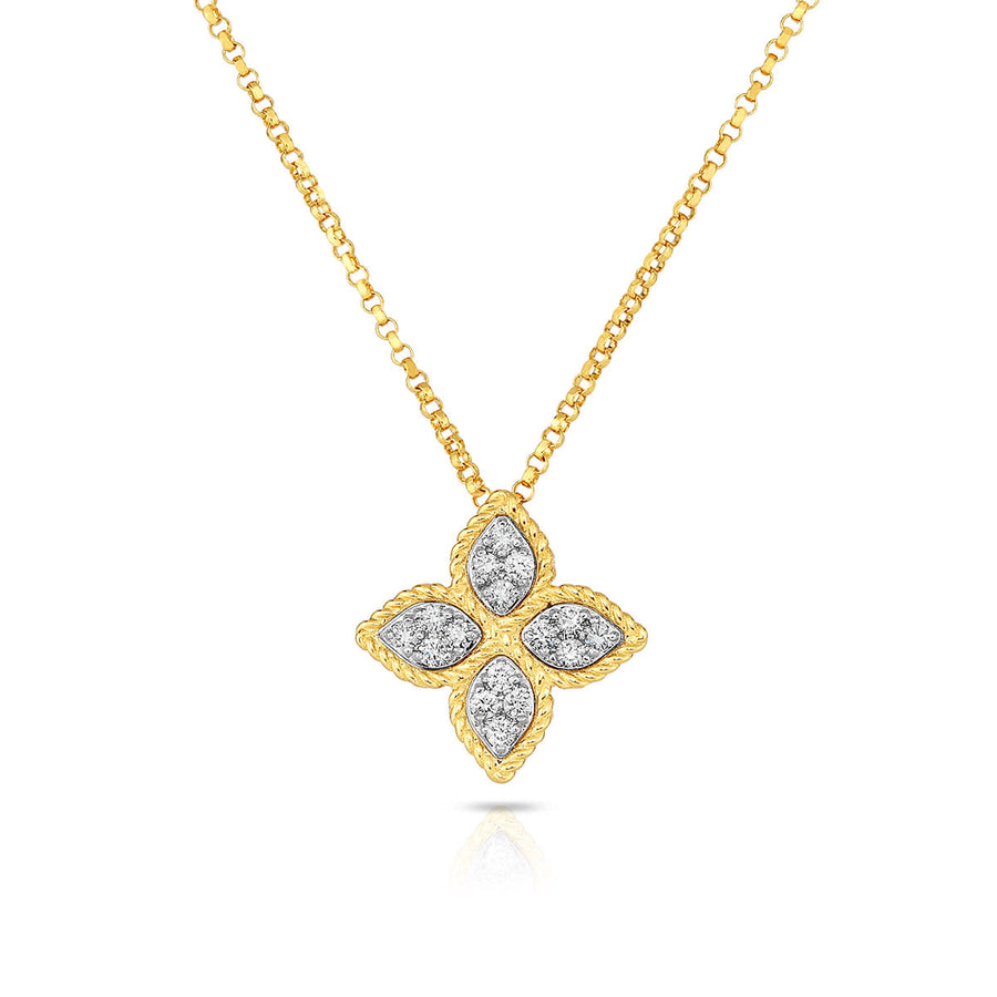 Princess Flower 0.17ct Round Diamond Pendant in 18K Yellow and White Gold, 16-18" chain