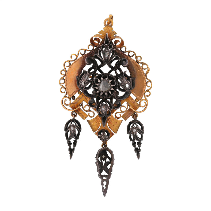 0.50ct Diamond Victorian Pendant/Brooch in Sterling Silver and 15K Yellow Gold Circa 1840s, pendant only