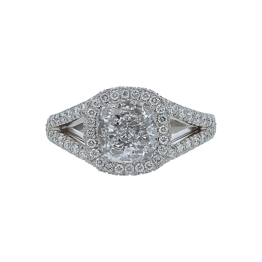 3.01ct Cushion Diamond and 1.42ct Diamond Halo Ring in Platinum, size 6.5