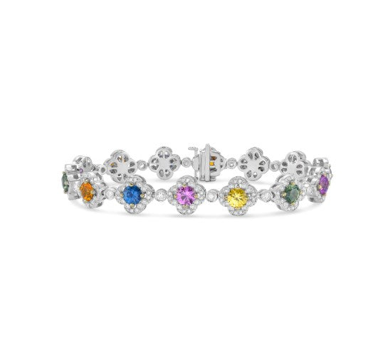 Pastel 7.64ct Multi Color Sapphire and 1.45ct Diamond Clover Link Bracelet in 18K White Gold