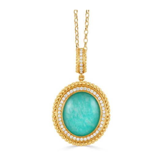 Justinian 0.20ct Diamond and 6.59ct Quartz and Amazonite Doublet Halo Pendant in 18K Yellow Gold, without chain