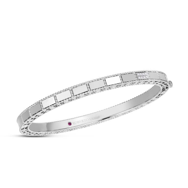 Diamond Mosaic Accent Bangle Bracelet in 18K White Gold