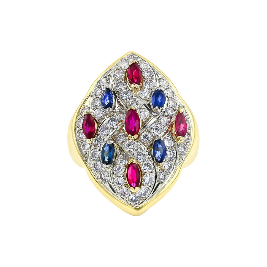 1.25ct Diamond, 0.78ct Ruby, and 0.54ct Sapphire Ring in 18K Yellow Gold, size 5.5