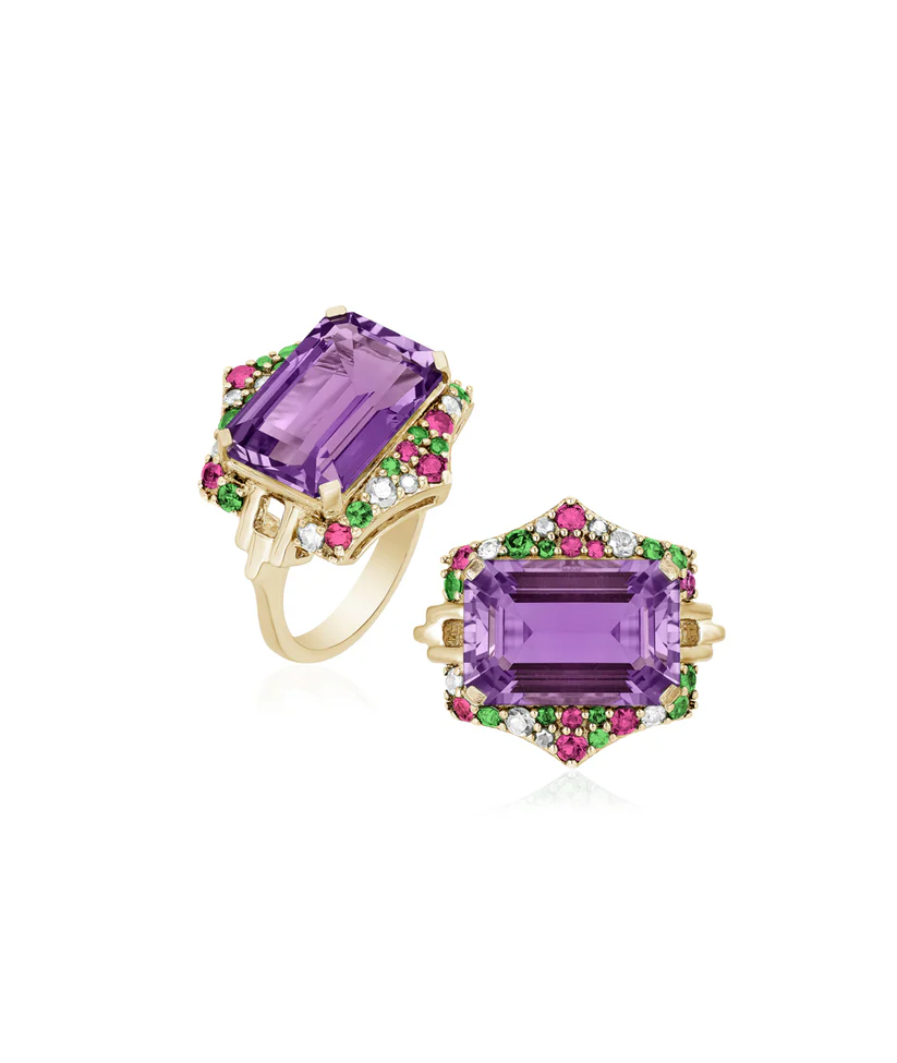 Rainforest 5.87ct Emerald Cut Amethyst, 0.65ct Pink Sapphire, 0.41ct Tsavorite and 0.12ct Diamond Halo Ring in 18K Yellow Gold, Size 6.25