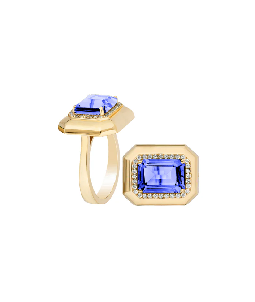 G-Classics 2.27ct Emerald Cut Tanzanite and 0.14ct Diamond Halo Ring in 18K Yellow Gold, 6.75