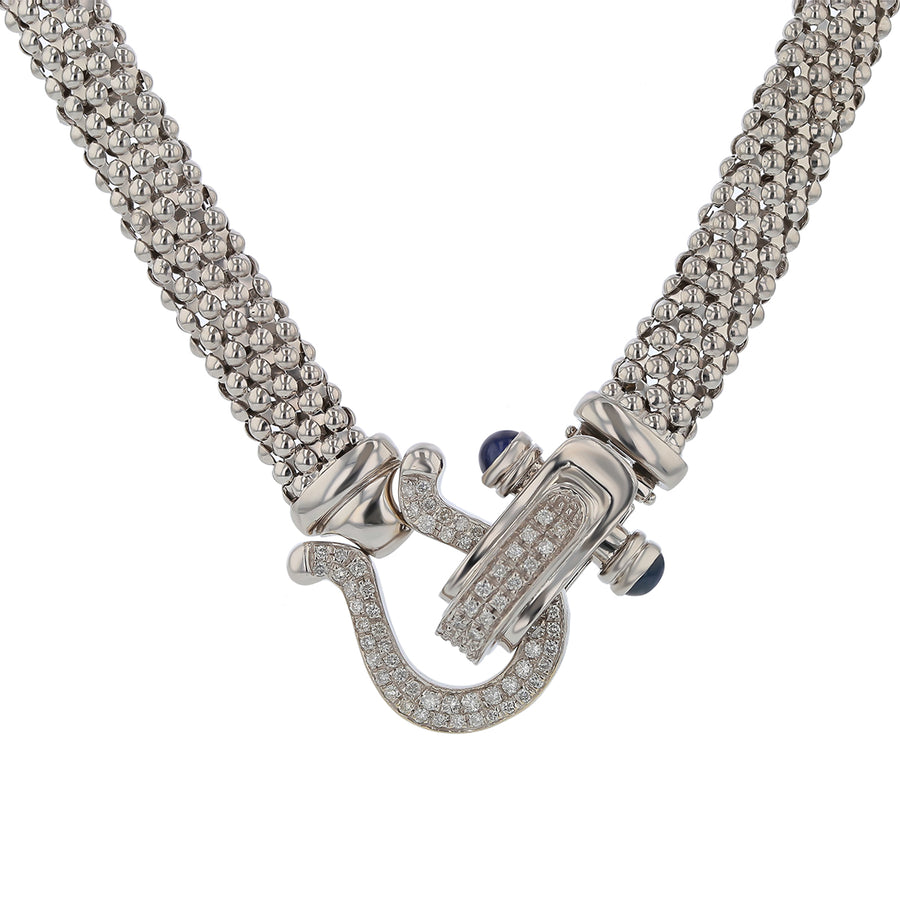 1.00ct Diamond and Cabochon Sapphire Horse Shoe Clasp Necklace in 14k White Gold, 17.5"