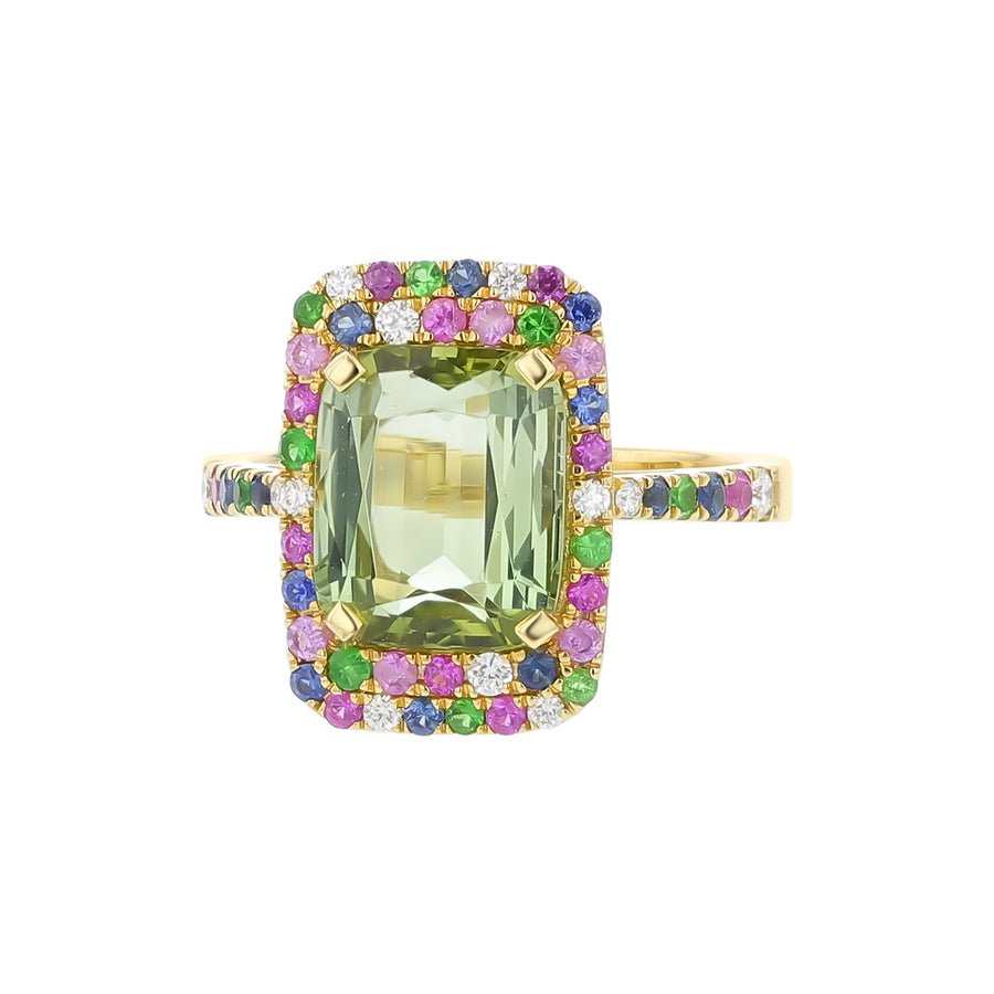 G-One 4.35ct Tourmaline, 0.37ct Pink Sapphire, 0.25ct Blue Sapphire, 0.17ct Diamond and 0.11ct Tsavorite Ring in 18K Yellow Gold, size 7.25