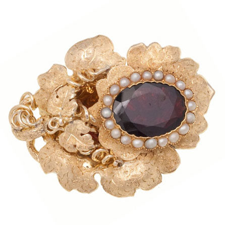Rhodalite Garnet and Pearl Antique Pin/Pendant in 14K Yellow Gold