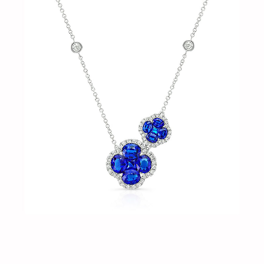 1.90ct Sapphire and 0.26ct Diamond Halo Necklace in 18K White Gold, 16"