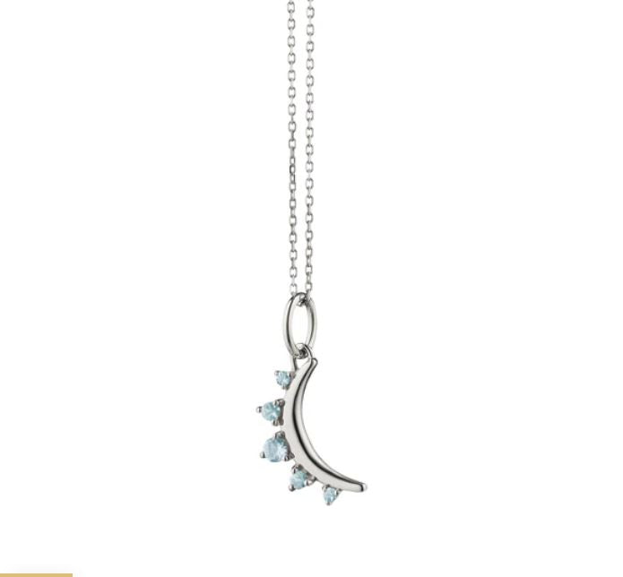 March Mini Moon Pendant with Aquamarine in Sterling Silver, 16-18"