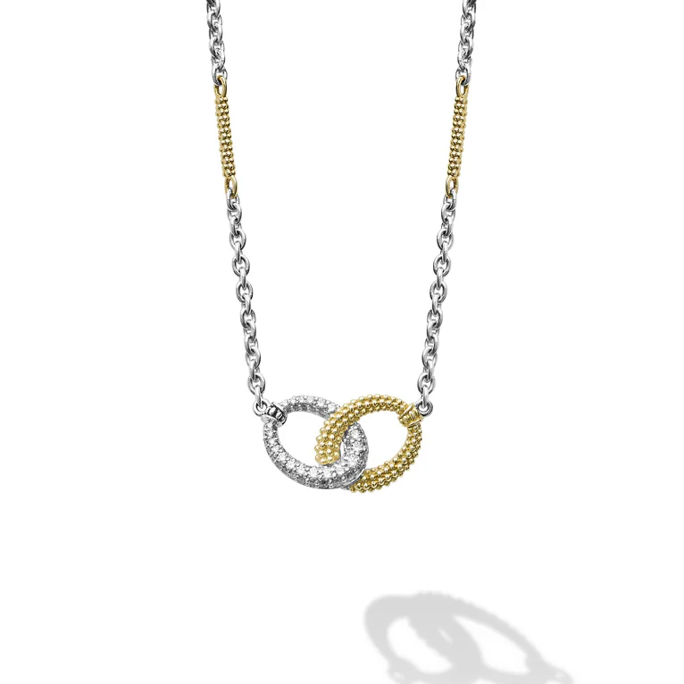 Caviar Lux Diamond 12mm Interlocking Necklace in Sterling Silver and 18K Yellow Gold, 16-18"
