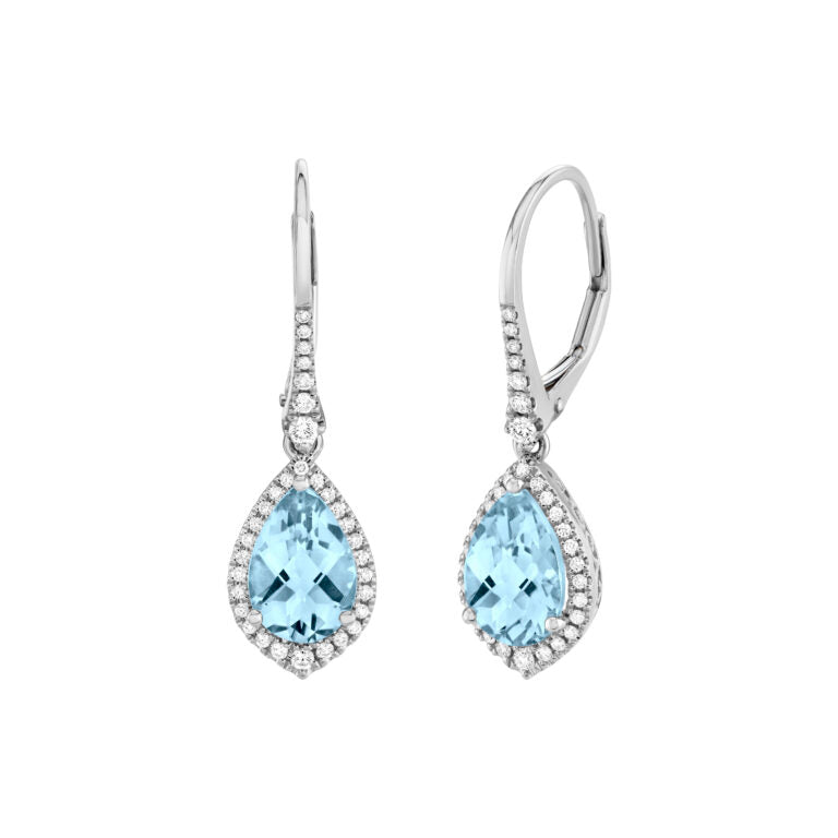 2.25ct Aquamarine and 0.30ct Diamond Halo Drop Earrings in 14K White Gold