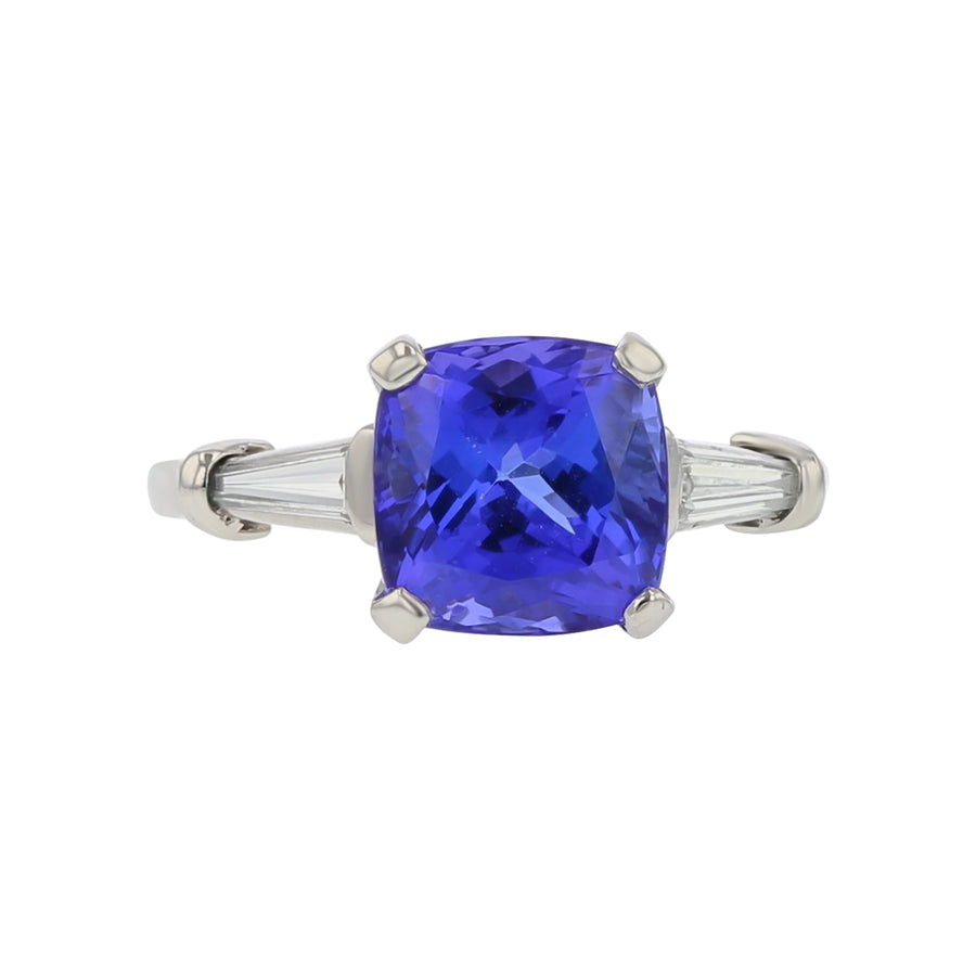 4.13ct Tanzanite and 0.40ct Baguette Diamond Ring in Platinum (Circa 1970s)