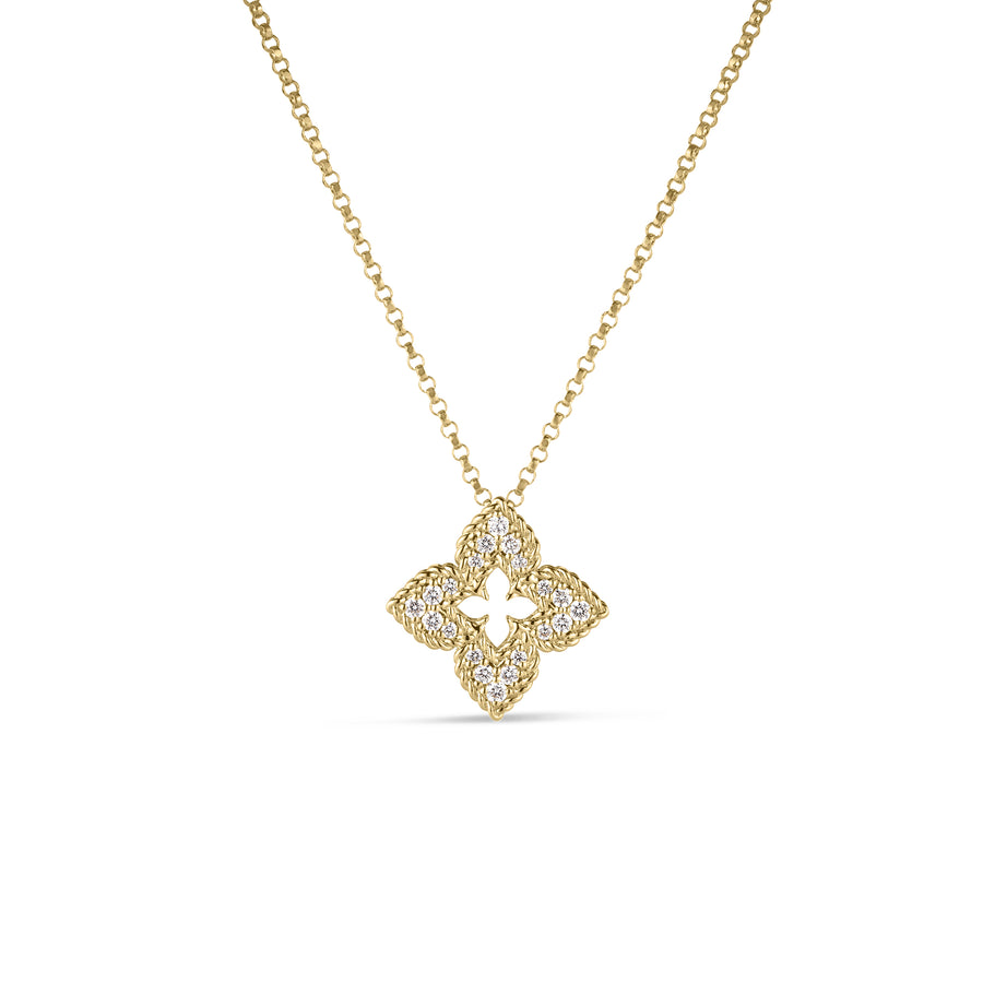 Ventian Princess 0.15ct Round Diamond Flower Pendant in 18K Yellow Gold, 16-17-18" chain