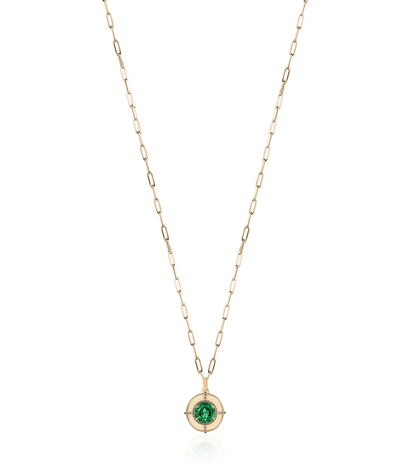 G-Classics 0.25ct Round Emerald and 0.10ct Diamond Halo Pendant in 18K Yellow Gold, 18" chain