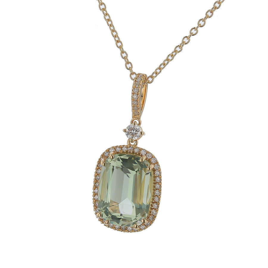 4.07Ct Green Amythest and 0.23Ct Diamond Halo Bail Pendant in 18k Yellow Gold, 17" chain