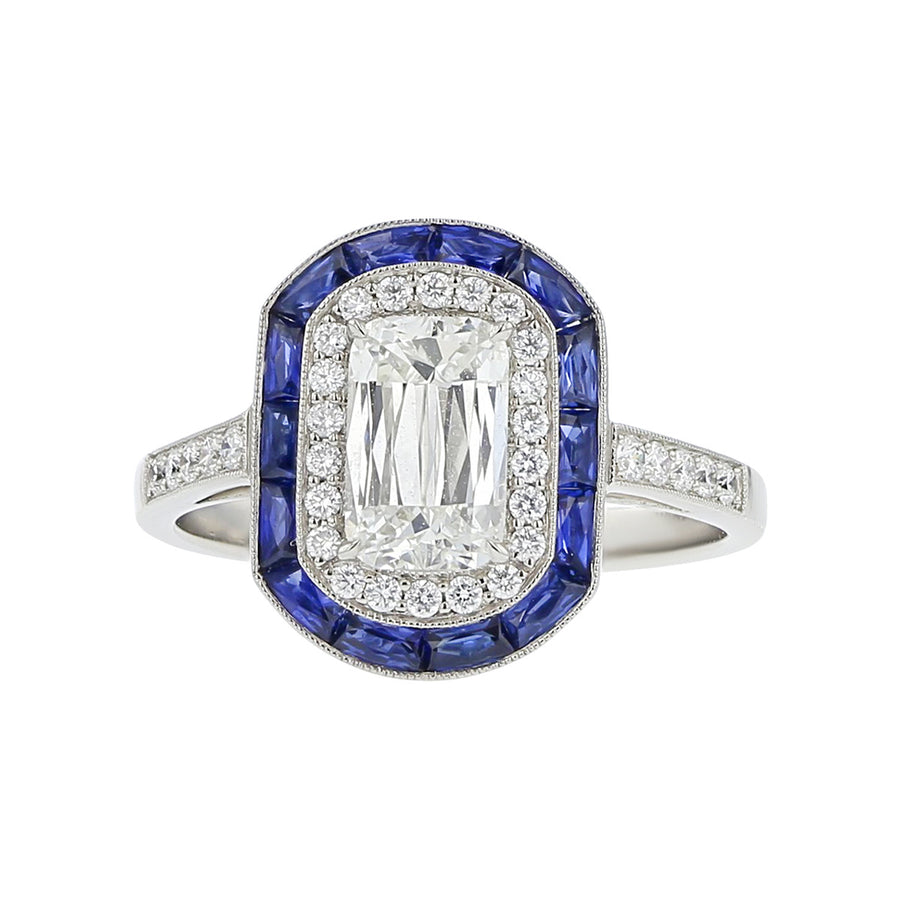 Ashoka Engagement Ring with Sapphire and Diamond Halos