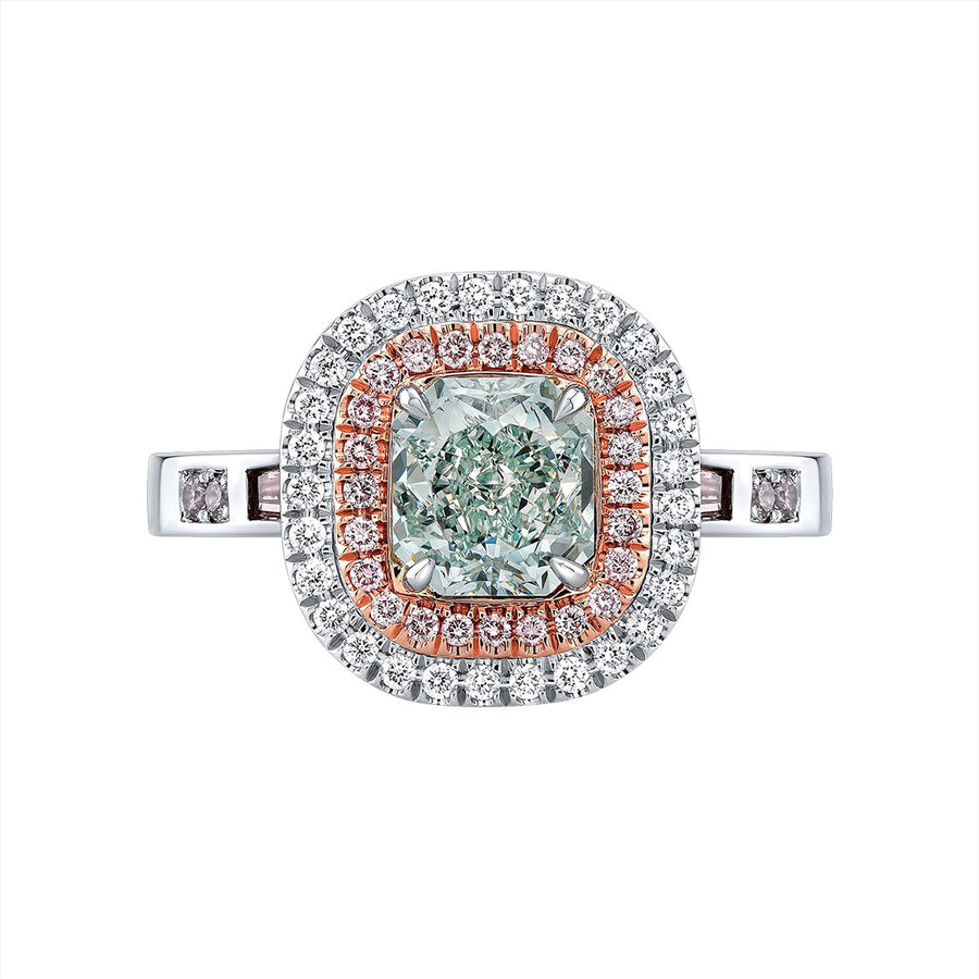 Blue-Green Diamond and Pink Diamond Halo Ring