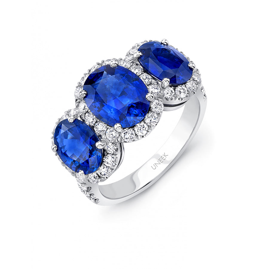 Sapphire Three Stone Three Halo Engagement Ring
