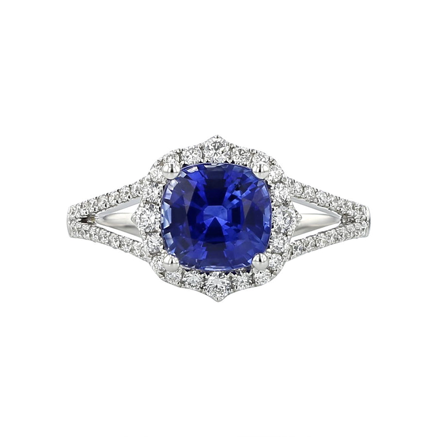 18K White Gold Cushion Sapphire Halo Ring