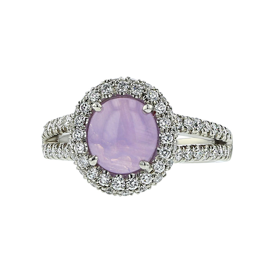 Pink Star Sapphire and Diamond Halo Ring