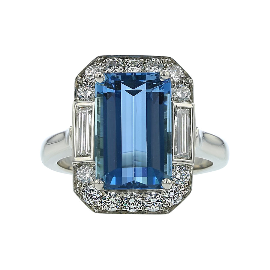 Emerald-Cut Aquamarine and Diamond Ring