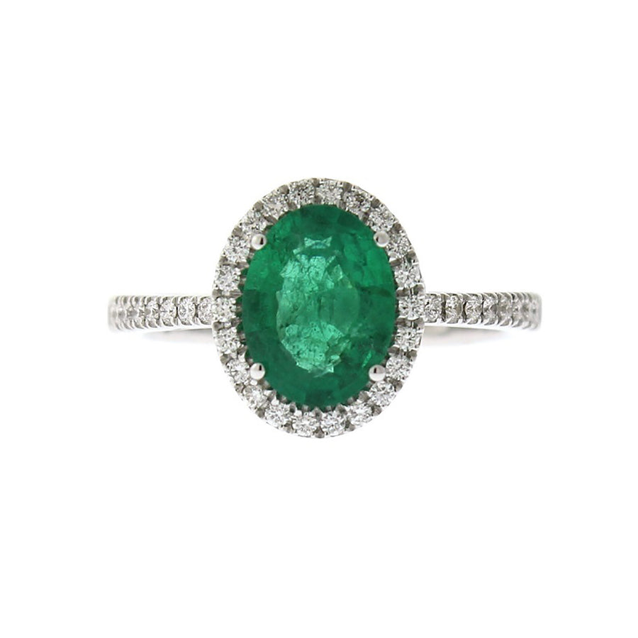 18K White Gold Emerald and Diamond Halo Ring