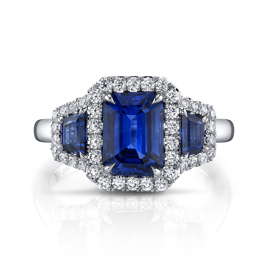 Platinum Sapphires 3-Stone Ring with Diamond Halo