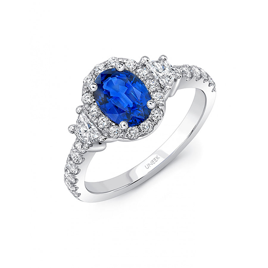 Oval Blue Sapphire Center 3-Stone Engagement Ring