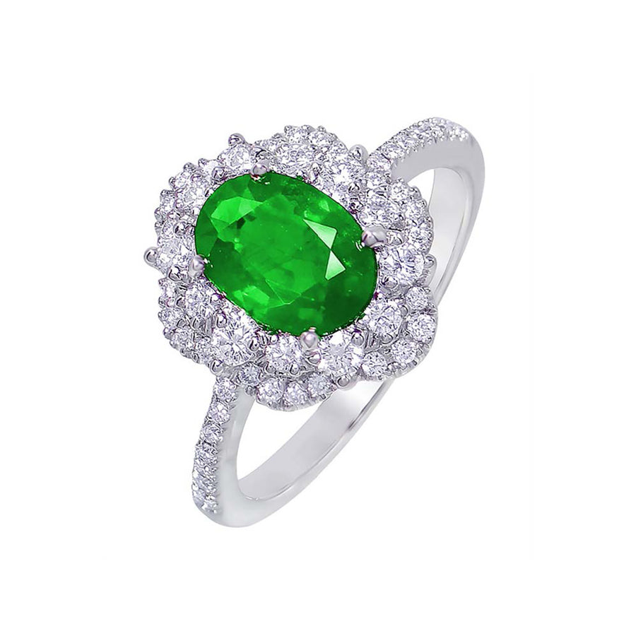 Emerald Ring with Scalloped Diamond Double Halo