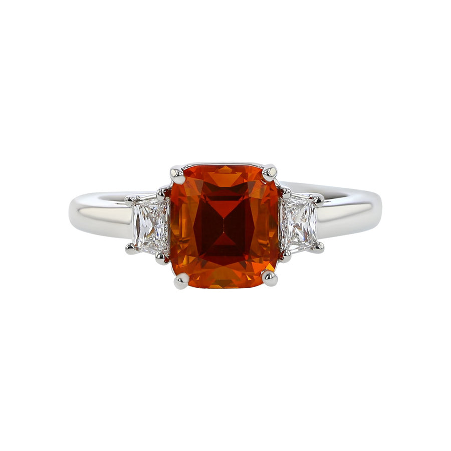 Platinum Orange Sapphire and Diamond 3 Stone Ring