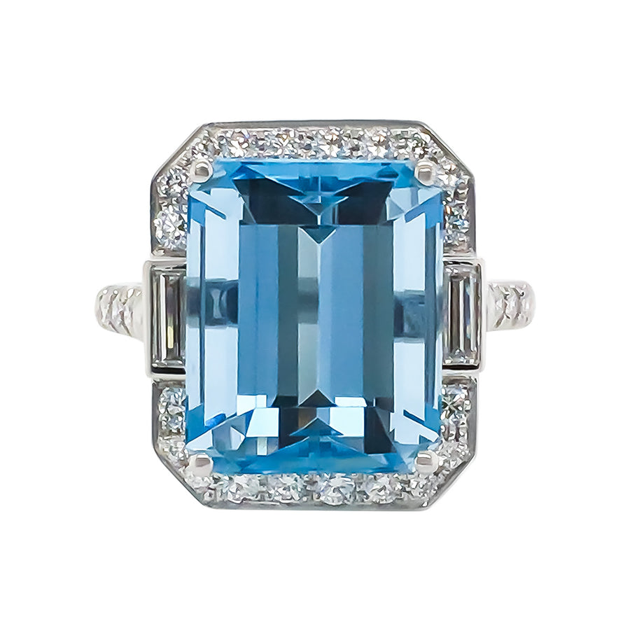 Emerald-Cut Aquamarine and Diamond Ring