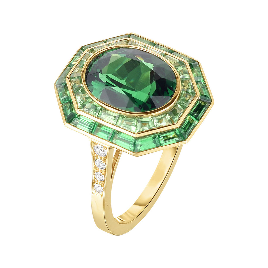 Tsavorite and Diamond Double Halo Ring