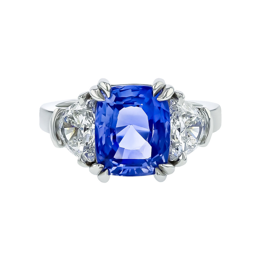 Platinum Cushion Sapphire and Diamond 3-Stone Ring