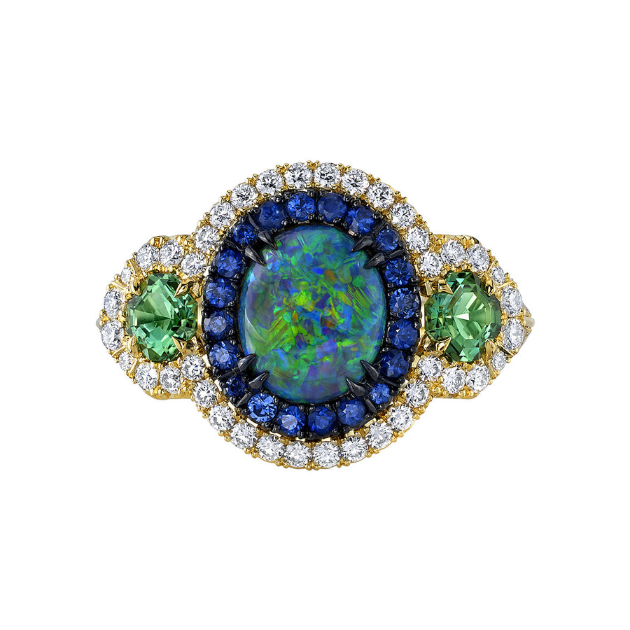 Opal, Green Tourmaline, Sapphire and Diamond 3-Stone Ring