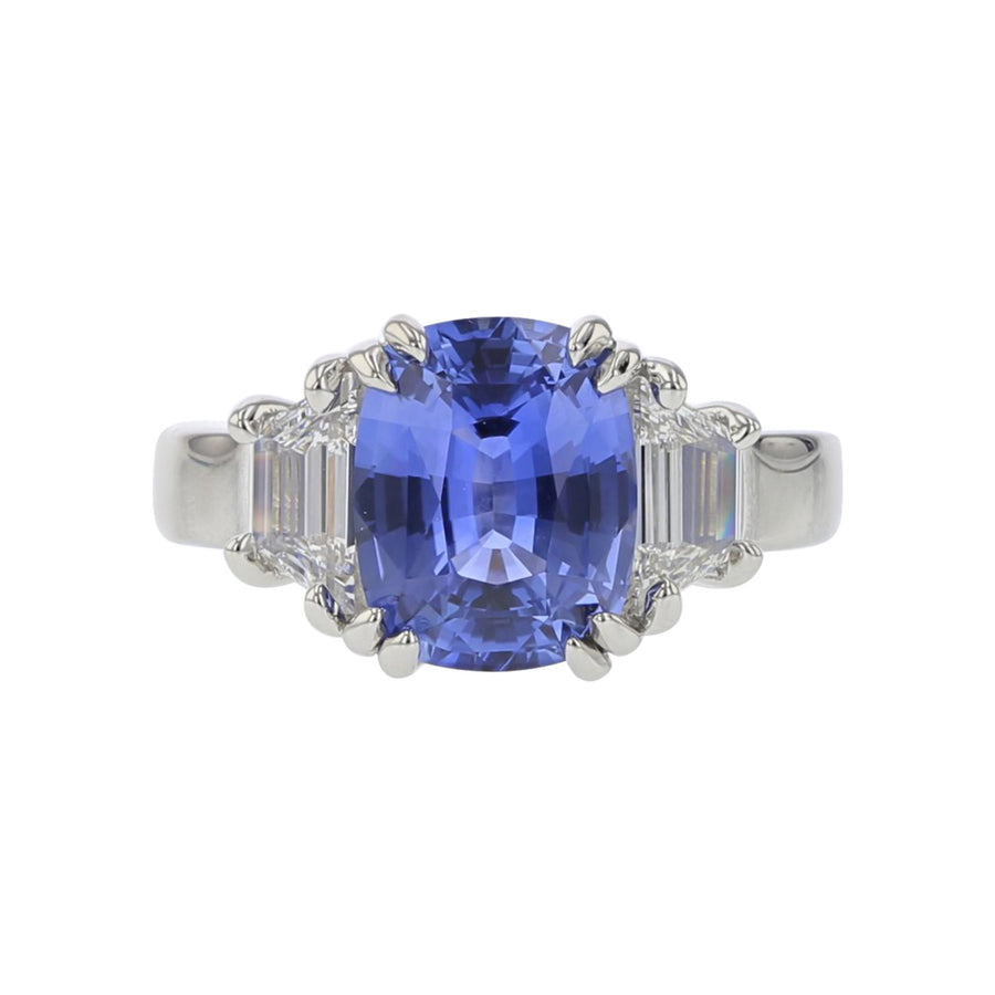 Platinum Ceylon Sapphire and Diamond 3-Stone Ring