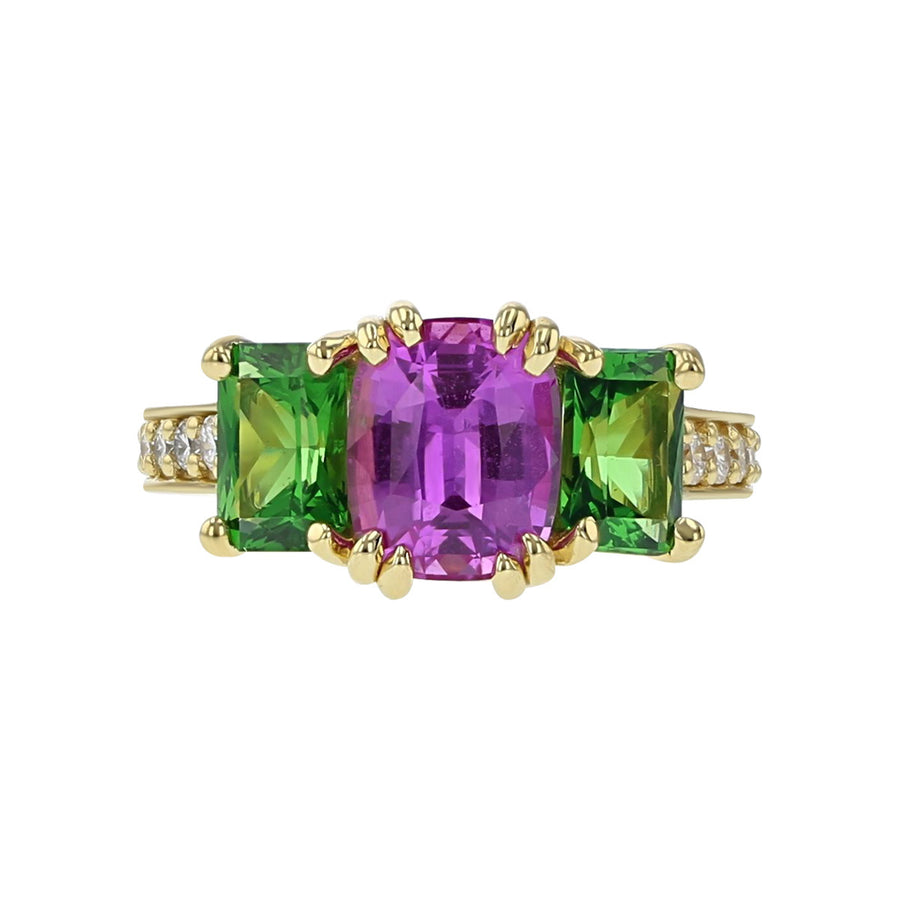 Pink Sapphire, Tsavorite and Diamond 3-Stone Ring