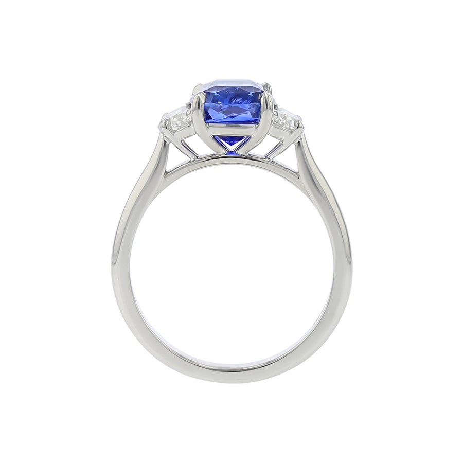 Cushion-cut Ceylon Sapphire and Half Moon Diamond 3-Stone Ring