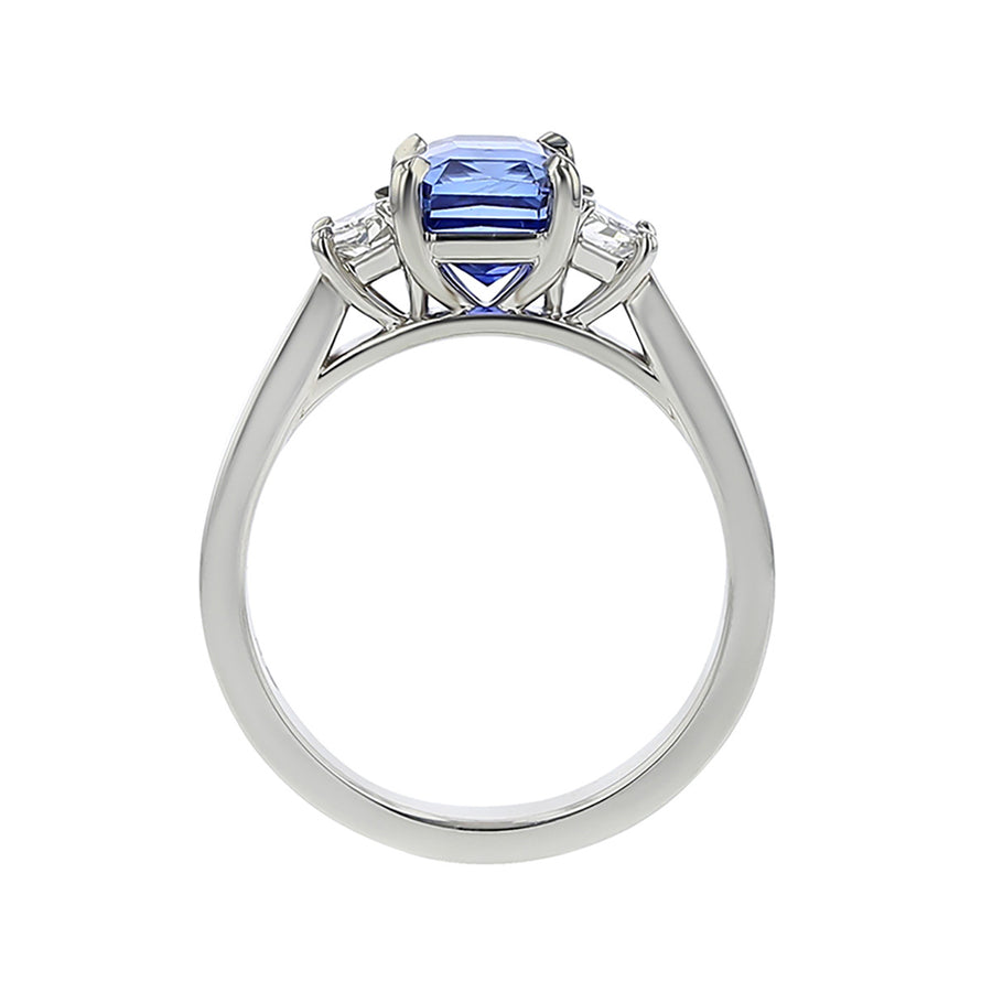 Radiant Sri Lankan Sapphire and Trapezoid Diamond 3-Stone Ring