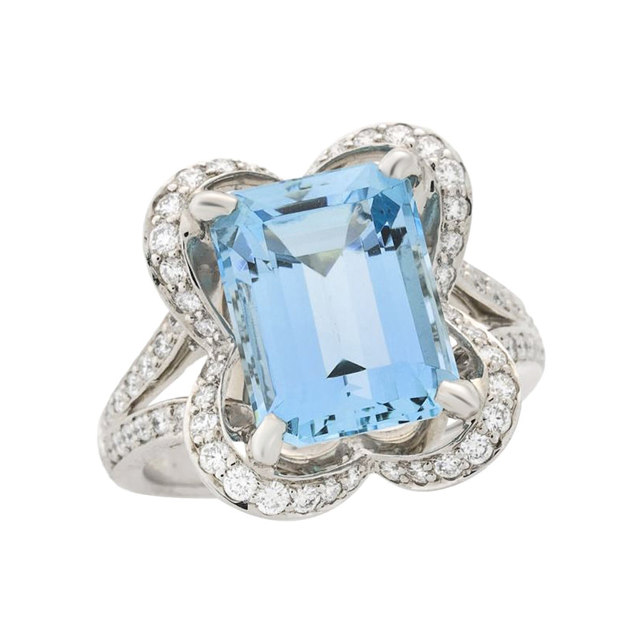 Emerald-cut Aquamarine and Diamond Halo Ring