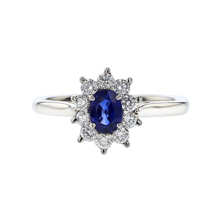 Platinum Blue Sapphire and Diamond Halo Ring