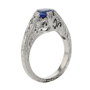 Sapphire and Diamond Hand Engrave Filigree Ring