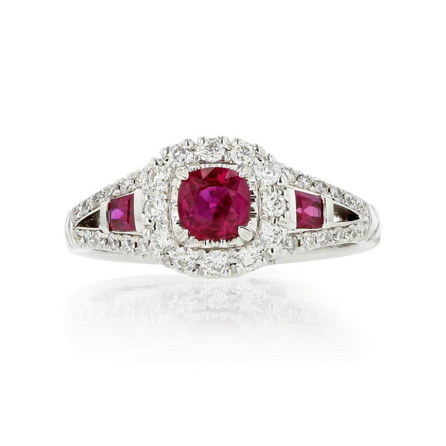 Vintage Inspired Cushion Cut Ruby Ring in White Gold