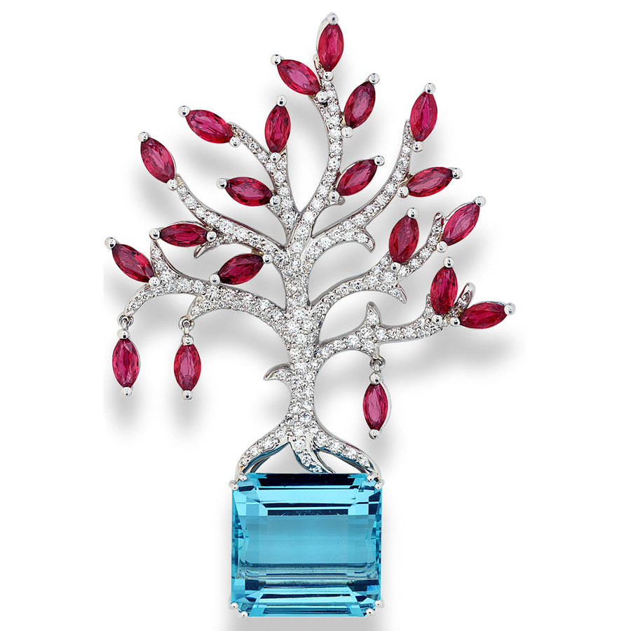 Platinum Diamond, Ruby and Aquamarine Tree of Life Pin