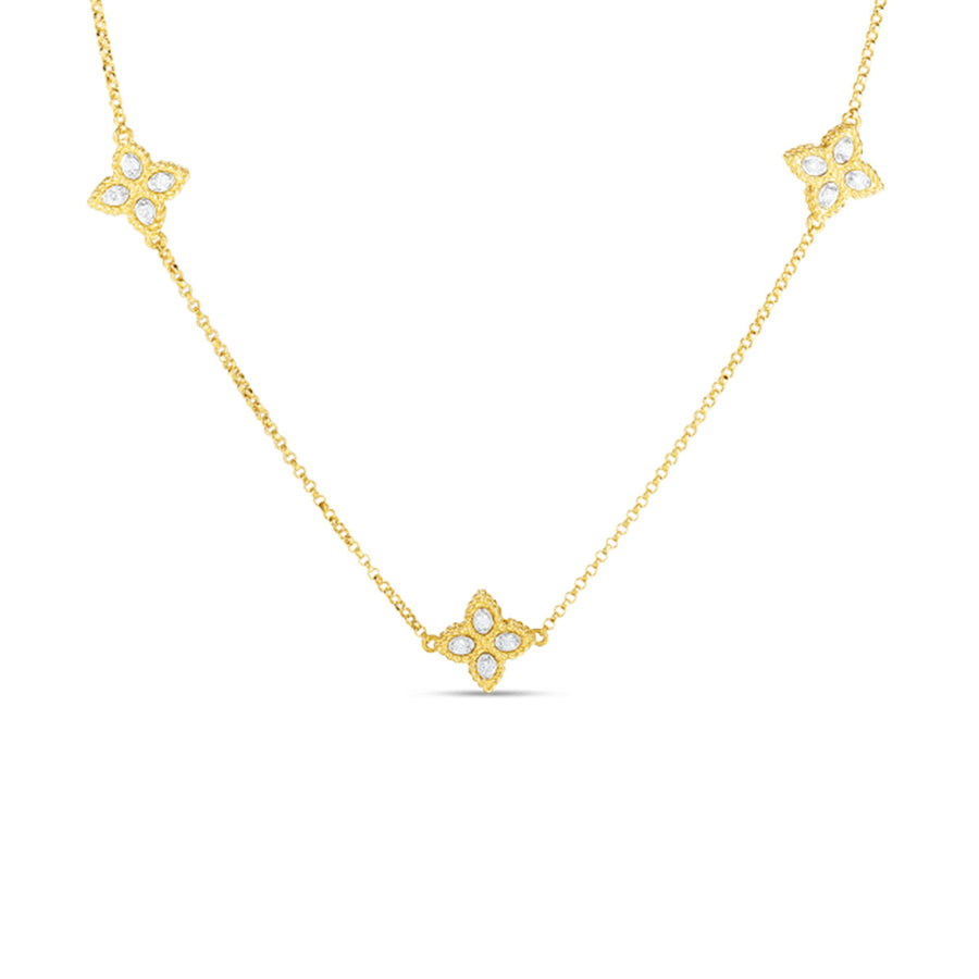 18K Gold and Diamond 3 Station Flower Necklace