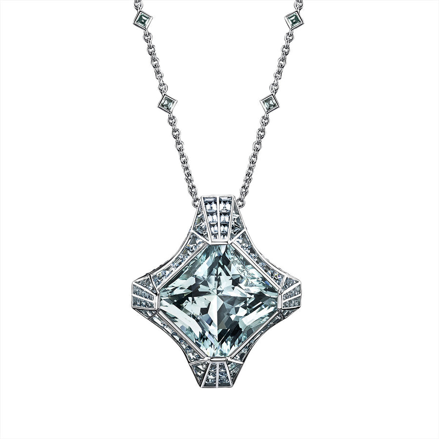 Platinum Square Aquamarine Pendant Necklace