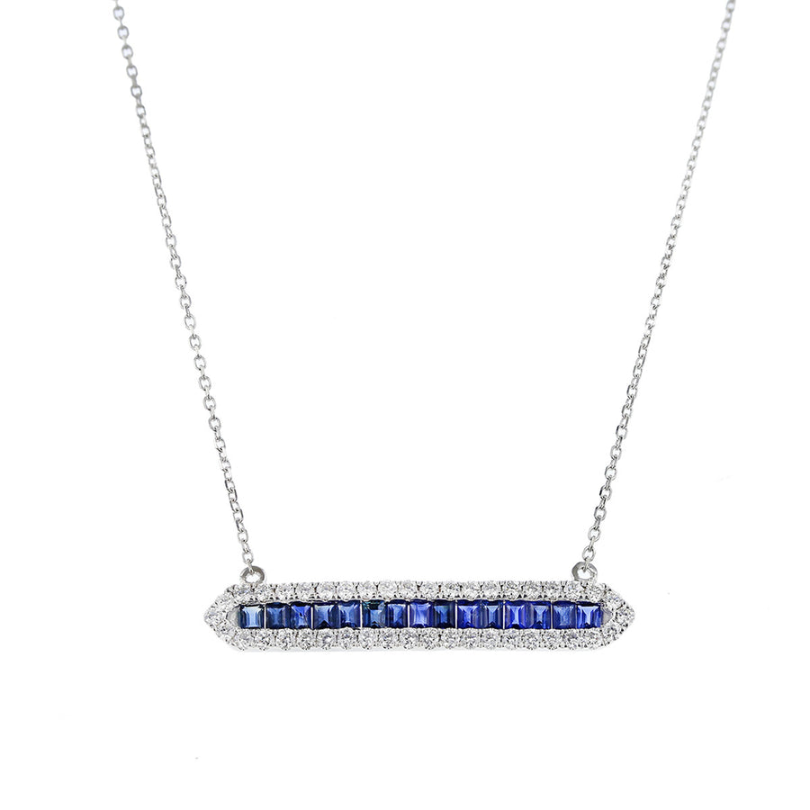 Sapphire and Diamond Halo Bar Pendant Necklace