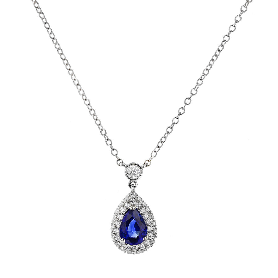 Platinum Blue Sapphire and Diamond Halo Pendant