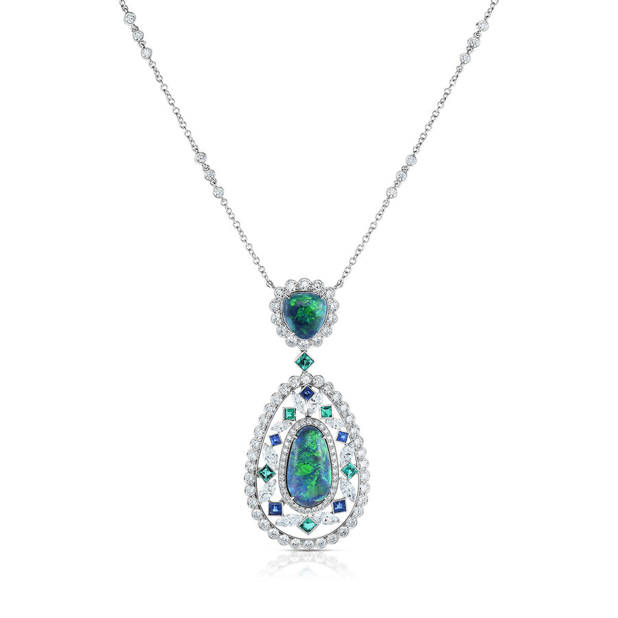 Black Opal, Diamond, Sapphire, and Emerald Pendant Necklace